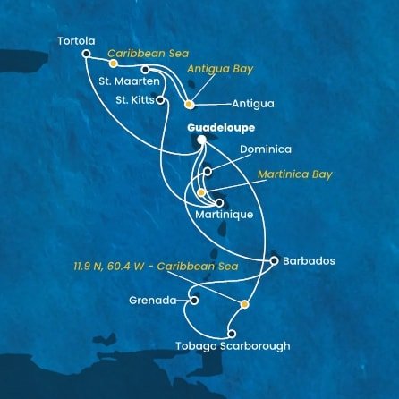 Guadeloupe, Britské Panenské ostrovy, , Antigua a Barbuda, Svatý Martin, Svatý Kryštof a Nevis, Martinik, Zámořské společenství Francie, Trinidad a Tobago, Grenada, Barbados, Dominika z Pointe-à-Pitre, Guadeloupe na lodi Costa Fortuna