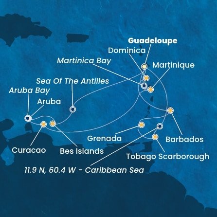 Guadeloupe, Zámořské společenství Francie, Trinidad a Tobago, Grenada, Barbados, Dominika, Martinik, Bonaire, Aruba, Autonomní státy Nizozemska, Curacao z Pointe-à-Pitre, Guadeloupe na lodi Costa Fortuna