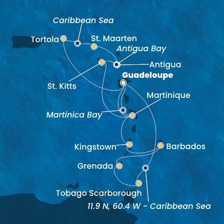 Guadeloupe, Zámořské společenství Francie, Trinidad a Tobago, Grenada, Barbados, Svatý Vincenc a Grenadiny, Martinik, Britské Panenské ostrovy, , Svatý Martin, Antigua a Barbuda, Svatý Kryštof a Nevis z Pointe-à-Pitre, Guadeloupe na lodi Costa Fortuna