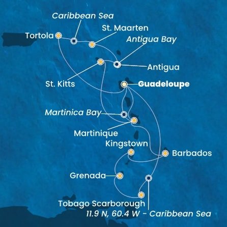 Guadeloupe, Britské Panenské ostrovy, , Svatý Martin, Antigua a Barbuda, Svatý Kryštof a Nevis, Martinik, Zámořské společenství Francie, Trinidad a Tobago, Grenada, Svatý Vincenc a Grenadiny, Barbados z Pointe-à-Pitre, Guadeloupe na lodi Costa Fortuna