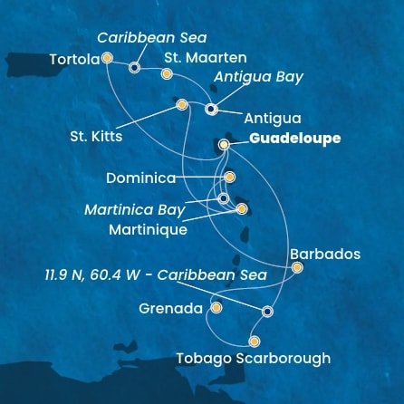 Guadeloupe, Britské Panenské ostrovy, , Svatý Martin, Antigua a Barbuda, Svatý Kryštof a Nevis, Martinik, Zámořské společenství Francie, Trinidad a Tobago, Grenada, Barbados, Dominika z Pointe-à-Pitre, Guadeloupe na lodi Costa Fortuna