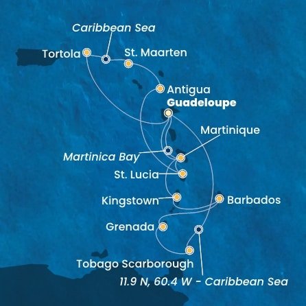 Guadeloupe, Britské Panenské ostrovy, , Svatý Martin, Antigua a Barbuda, Svatá Lucie, Martinik, Zámořské společenství Francie, Trinidad a Tobago, Grenada, Barbados, Svatý Vincenc a Grenadiny z Pointe-à-Pitre, Guadeloupe na lodi Costa Fortuna