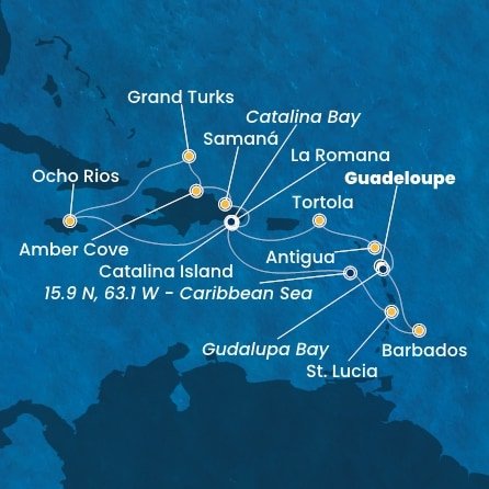 Guadeloupe, Zámořské společenství Francie, Antigua a Barbuda, Britské Panenské ostrovy, Dominikánská republika, Jamajka, Zámořské území Velké Británie, Svatá Lucie, Barbados z Pointe-à-Pitre, Guadeloupe na lodi Costa Fascinosa