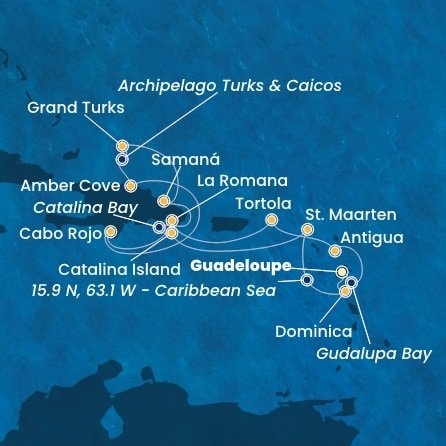 Guadeloupe, Zámořské společenství Francie, Antigua a Barbuda, Britské Panenské ostrovy, Dominikánská republika, Zámořské území Velké Británie, Svatý Martin, Dominika z Pointe-à-Pitre, Guadeloupe na lodi Costa Fascinosa