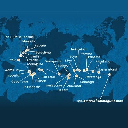 Chile, Zámořské území Velké Británie, Francouzská Polynésie, Cookovy ostrovy, Tonga, Fidži, Nová Kaledonie, Nový Zéland, Austrálie, Mauricius, Madagaskar, Jihoafrická republika, Namibie, Kapverdy, Španělsko, Francie, Itálie ze San Antonio na lodi Costa Deliziosa