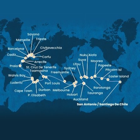 Chile, Zámořské území Velké Británie, Francouzská Polynésie, Cookovy ostrovy, Tonga, Fidži, Nová Kaledonie, Nový Zéland, Austrálie, Mauricius, Madagaskar, Jihoafrická republika, Namibie, Kapverdy, Španělsko, Francie, Itálie, Řecko ze San Antonio na lodi Costa Deliziosa