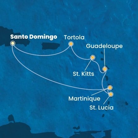 Dominikánská republika, Martinik, Svatá Lucie, Guadeloupe, Svatý Kryštof a Nevis, Britské Panenské ostrovy ze Santo Dominga na lodi Costa Fascinosa