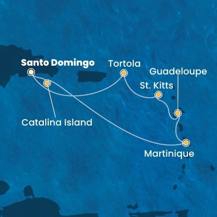 Dominikánská republika, Martinik, Guadeloupe, Svatý Kryštof a Nevis, Britské Panenské ostrovy ze Santo Dominga na lodi Costa Fascinosa