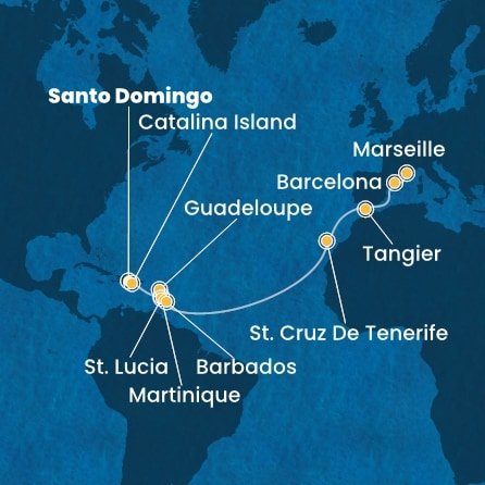 Dominikánská republika, Martinik, Guadeloupe, Svatá Lucie, Barbados, Španělsko, Maroko, Francie ze Santo Dominga na lodi Costa Fascinosa