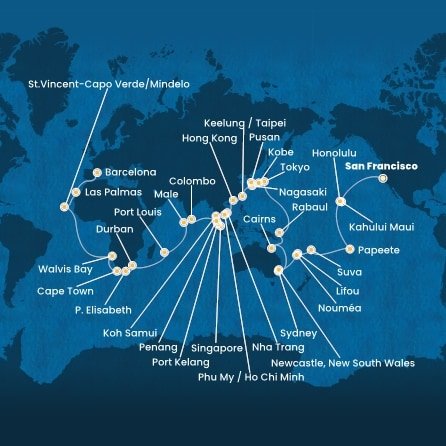 USA, Francouzská Polynésie, Fidži, Nová Kaledonie, Austrálie, , Papua Nová Guinea, Japonsko, Jižní Korea, Tchaj-wan, Čína, Vietnam, Thajsko, Singapur, Malajsie, Srí Lanka, Maledivy, Mauricius, Jihoafrická republika, Namibie, Kapverdy, Španělsko ze San Francisca na lodi Costa Deliziosa