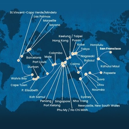 USA, Francouzská Polynésie, Fidži, Nová Kaledonie, Austrálie, , Papua Nová Guinea, Japonsko, Jižní Korea, Tchaj-wan, Čína, Vietnam, Thajsko, Singapur, Malajsie, Srí Lanka, Maledivy, Mauricius, Jihoafrická republika, Namibie, Kapverdy, Španělsko, Francie, Itálie ze San Francisca na lodi Costa Deliziosa