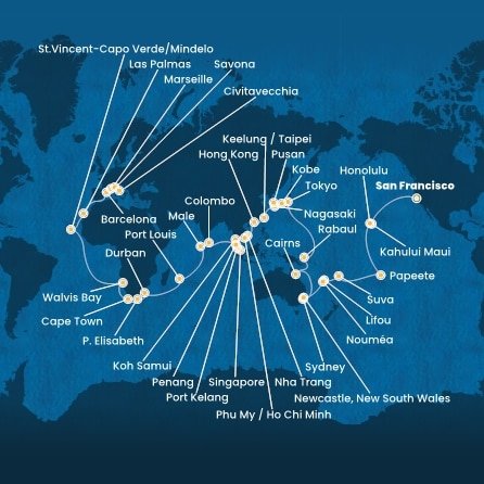 USA, Francouzská Polynésie, Fidži, Nová Kaledonie, Austrálie, , Papua Nová Guinea, Japonsko, Jižní Korea, Tchaj-wan, Čína, Vietnam, Thajsko, Singapur, Malajsie, Srí Lanka, Maledivy, Mauricius, Jihoafrická republika, Namibie, Kapverdy, Španělsko, Francie, Itálie ze San Francisca na lodi Costa Deliziosa