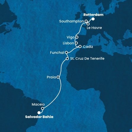 Brazílie, Kapverdy, Španělsko, Portugalsko, Francie, Velká Británie, Nizozemsko ze Salvadoru na lodi Costa Diadema