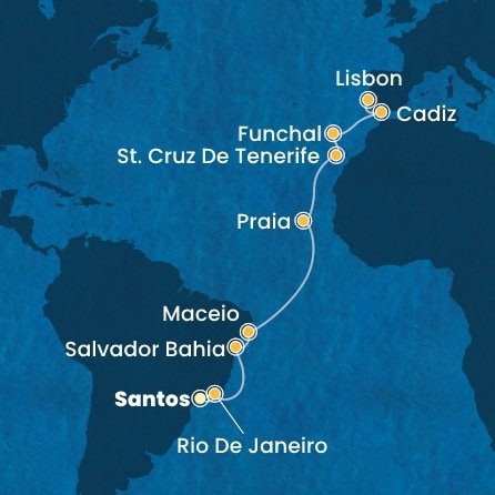 Brazílie, Kapverdy, Španělsko, Portugalsko ze Santosu na lodi Costa Diadema