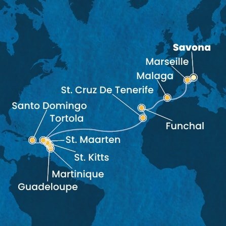 Itálie, Francie, Španělsko, Portugalsko, Svatý Martin, Martinik, Guadeloupe, Svatý Kryštof a Nevis, Britské Panenské ostrovy, Dominikánská republika ze Savony na lodi Costa Fascinosa