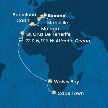 Itálie, Francie, Španělsko, Namibie, Jihoafrická republika ze Savony na lodi Costa Toscana