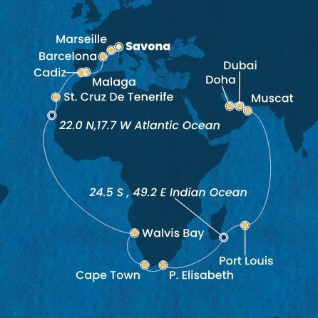 Itálie, Francie, Španělsko, Namibie, Jihoafrická republika, , Mauricius, Omán, Spojené arabské emiráty, Katar ze Savony na lodi Costa Toscana