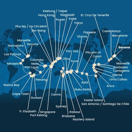 Itálie, Francie, Španělsko, Maroko, Barbados, Kolumbie, Panama, Ekvádor, Peru, Chile, Zámořské území Velké Británie, Francouzská Polynésie, Zámořské společenství Francie, Samoa, Tonga, Fidži, Vanuatská republika, Nová Kaledonie, Austrálie, Papua Nová Guinea, Japonsko, Jižní Korea, Tchaj-wan, Čína, Vietnam, Singapur, Malajsie, Srí Lanka, Maledivy, Mauricius, Jihoafrická republika, Namibie, Kapverdy ze Savony na lodi Costa Deliziosa