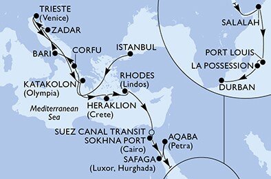 Turecko, Řecko, Itálie, Chorvatsko, Egypt, Jordánsko, Omán, Mauricius, Reunion, Jihoafrická republika z Istanbulu na lodi MSC Splendida