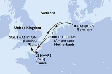 Nizozemsko, Francie, Velká Británie, Německo z Rotterdamu na lodi MSC Euribia