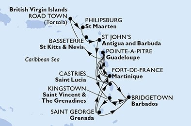 Barbados, Svatý Vincenc a Grenadiny, Grenada, Martinik, Guadeloupe, Britské Panenské ostrovy, Svatý Martin, Svatý Kryštof a Nevis, Antigua a Barbuda z Bridgetownu na lodi MSC Virtuosa