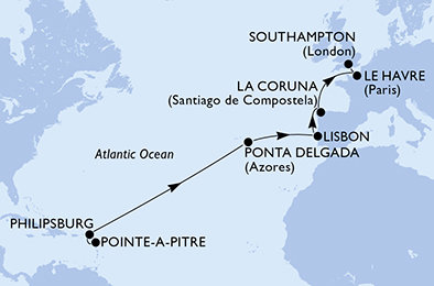 Guadeloupe, Svatý Martin, Portugalsko, Španělsko, Francie, Velká Británie z Pointe-à-Pitre, Guadeloupe na lodi MSC Virtuosa