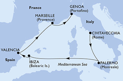 Itálie, Španělsko, Francie z Civitavecchia na lodi MSC Grandiosa