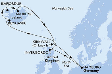 Německo, Velká Británie, Island z Hamburku na lodi MSC Preziosa