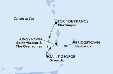 Barbados, Svatý Vincenc a Grenadiny, Grenada, Martinik z Bridgetownu na lodi MSC Virtuosa