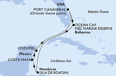 USA, Bahamy, Honduras, Mexiko z Port Canaveralu na lodi MSC Seashore