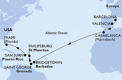 Španělsko, Maroko, Barbados, Grenada, Svatý Martin, USA z Barcelony na lodi MSC Seaside