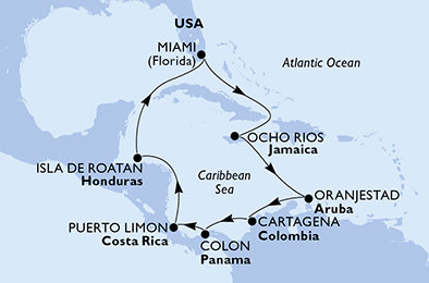 USA, Jamajka, Aruba, Kolumbie, Panama, Kostarika, Honduras z Miami na lodi MSC Divina