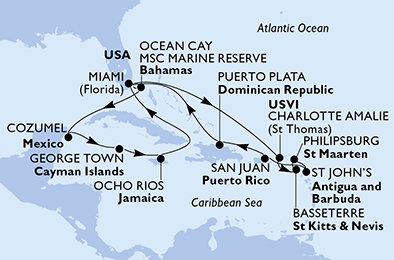 USA, Svatý Kryštof a Nevis, Svatý Martin, Antigua a Barbuda, Dominikánská republika, Bahamy, Mexiko, Kajmanské ostrovy, Jamajka z Miami na lodi MSC Divina