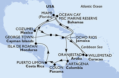 USA, Jamajka, Kolumbie, Panama, Kostarika, Honduras, Bahamy, Mexiko, Kajmanské ostrovy, Curacao, Aruba z Miami na lodi MSC Divina