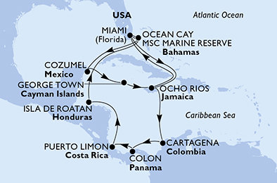 USA, Bahamy, Mexiko, Kajmanské ostrovy, Jamajka, Kolumbie, Panama, Kostarika, Honduras z Miami na lodi MSC Divina