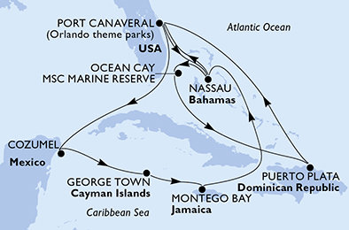 USA, Mexiko, Kajmanské ostrovy, Jamajka, Bahamy, Dominikánská republika z Port Canaveralu na lodi MSC Grandiosa