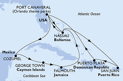 USA, Bahamy, Dominikánská republika, Mexiko, Kajmanské ostrovy, Jamajka z Port Canaveralu na lodi MSC Grandiosa