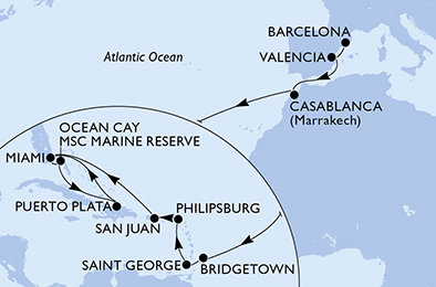 Španělsko, Maroko, Barbados, Grenada, Svatý Martin, USA, Bahamy, Dominikánská republika z Barcelony na lodi MSC Seaside