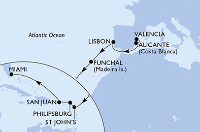 Španělsko, Portugalsko, Antigua a Barbuda, Svatý Martin, USA z Valencie na lodi MSC Divina