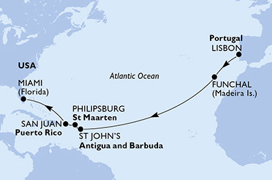 Portugalsko, Antigua a Barbuda, Svatý Martin, USA z Lisabonu na lodi MSC Divina