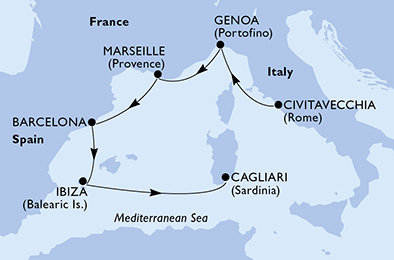 Itálie, Francie, Španělsko z Civitavecchia na lodi MSC Orchestra