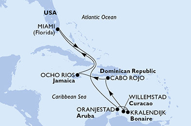 USA, Aruba, Bonaire, Curacao, Dominikánská republika, Jamajka z Miami na lodi MSC Divina