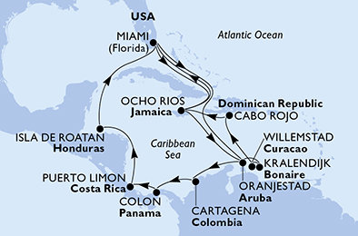 USA, Jamajka, Aruba, Kolumbie, Panama, Kostarika, Honduras, Bonaire, Curacao, Dominikánská republika z Miami na lodi MSC Divina