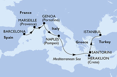 Španělsko, Francie, Itálie, Řecko, Turecko z Barcelony na lodi MSC Fantasia