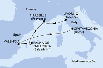 Itálie, Francie, Španělsko z Livorna na lodi MSC Lirica