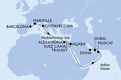 Španělsko, Francie, Itálie, Egypt, Jordánsko, Omán, Katar, Spojené arabské emiráty z Barcelony na lodi MSC Euribia