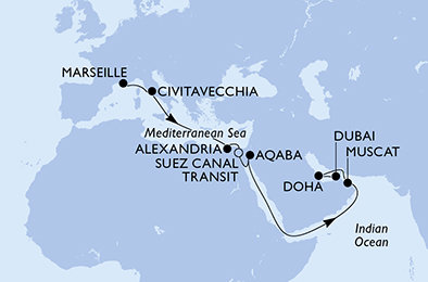 Francie, Itálie, Egypt, Jordánsko, Omán, Katar, Spojené arabské emiráty z Marseille na lodi MSC Euribia