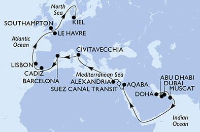 Spojené arabské emiráty, Katar, Omán, Jordánsko, Egypt, Itálie, Španělsko, Portugalsko, Francie, Velká Británie, Německo z Dubaje na lodi MSC Euribia