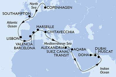 Dánsko, Velká Británie, Portugalsko, Španělsko, Francie, Itálie, Egypt, Jordánsko, Omán, Katar, Spojené arabské emiráty z Kodaně na lodi MSC Euribia