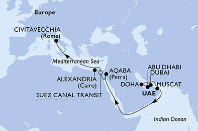 Spojené arabské emiráty, Katar, Omán, Jordánsko, Egypt, Itálie z Dubaje na lodi MSC Euribia